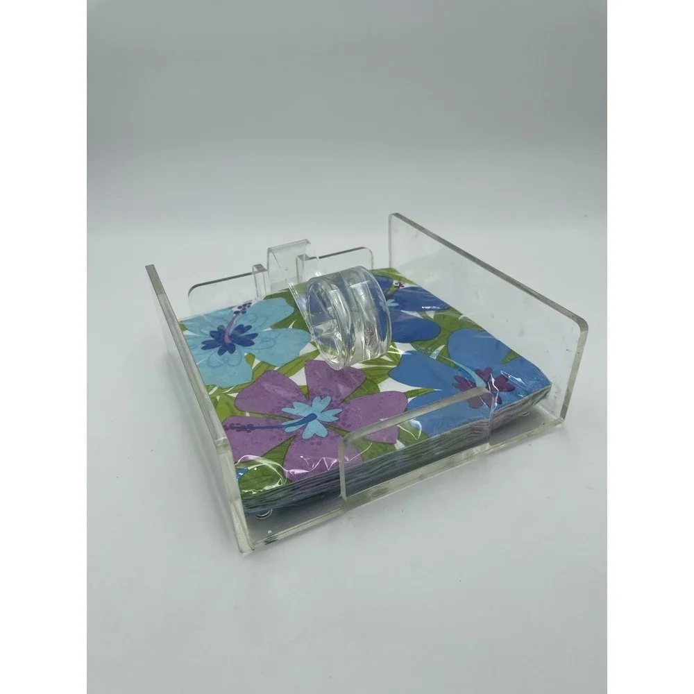 Vintage Acrylic Clear Lucite Luncheon Size Napkin Holder  Wind Catcher & Napkins